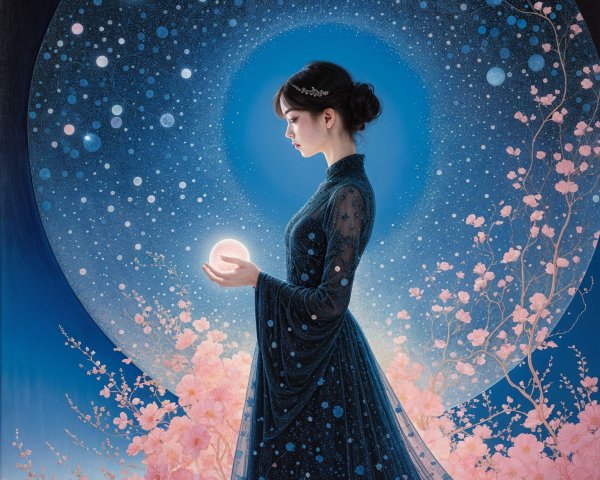 Serene Figure with Glowing Orb Against Cosmic Backdrop