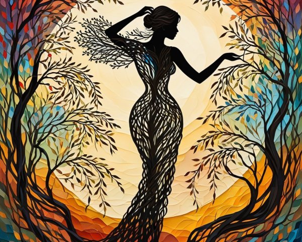 Silhouette of a Woman Amidst Flowing Tree Branches