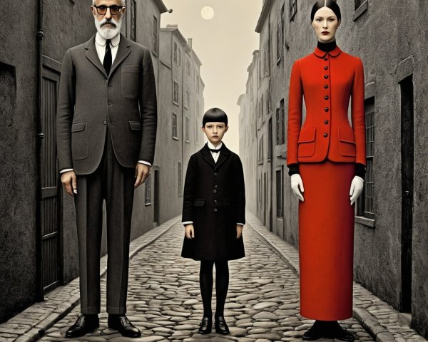 Surreal Scene of Figures in Vintage Cobblestone Street