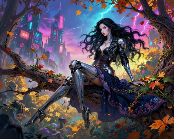 Cyberpunk Woman in Leather Jacket on Tree Branch