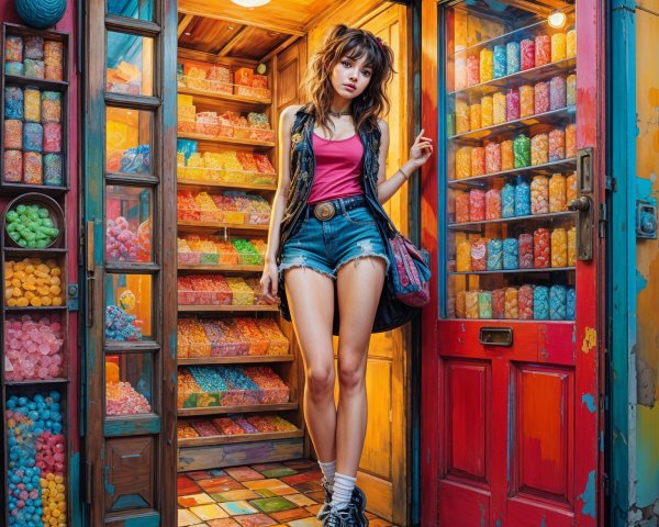 Young woman in doorway of vibrant candy shop
