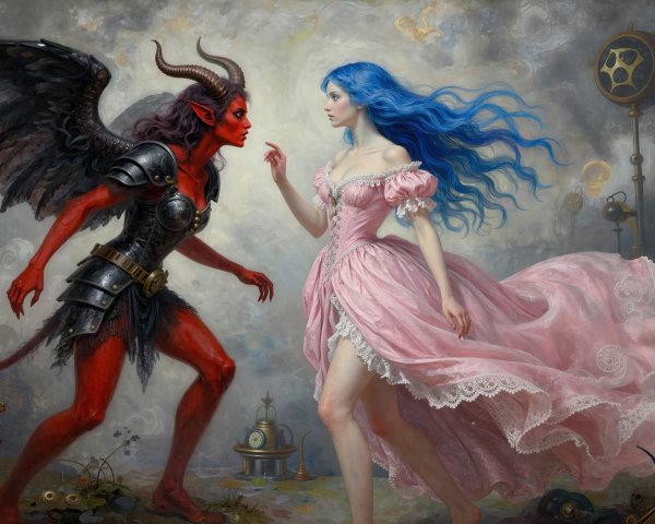 Surreal Fantasy Art of Good vs. Evil Showdown