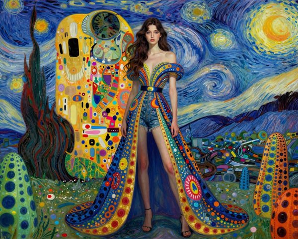 Vibrant Oil Painting of Fashion Model in Surreal Landscape
