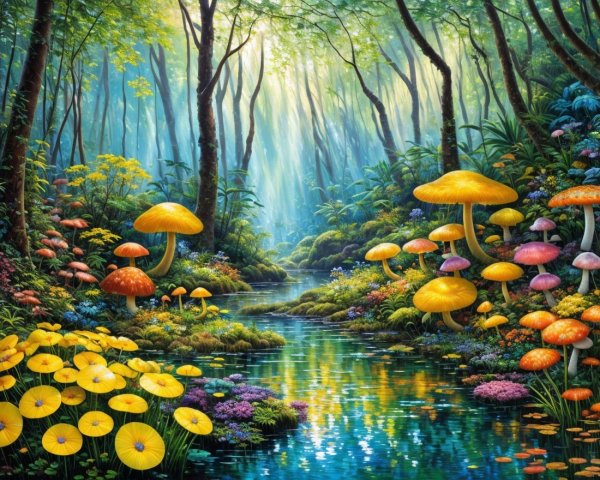 Vibrant Forest Scene with Colorful Mushrooms and Stream