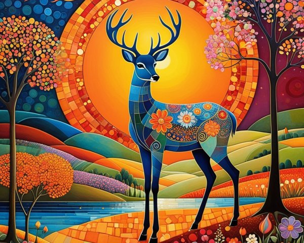 Vibrant Landscape with Blue Deer and Sunset River