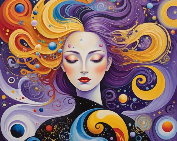 Serene Woman in Cosmic Colors and Swirling Patterns