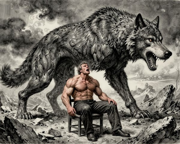 Black and white etching of a man and snarling wolf