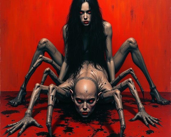 Surreal Artwork of Woman Merging with Spider Creature