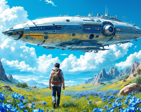 Futuristic Landscape with Metallic Spaceship and Flowers