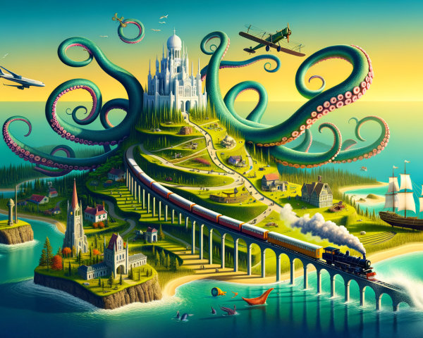 Whimsical Landscape with Castle and Ocean Scene