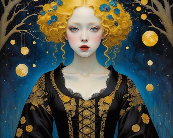 Young woman in ornate black dress with celestial elements