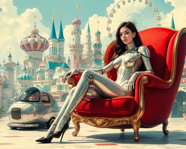 Futuristic Woman in Silver Suit Amidst Whimsical Landscape