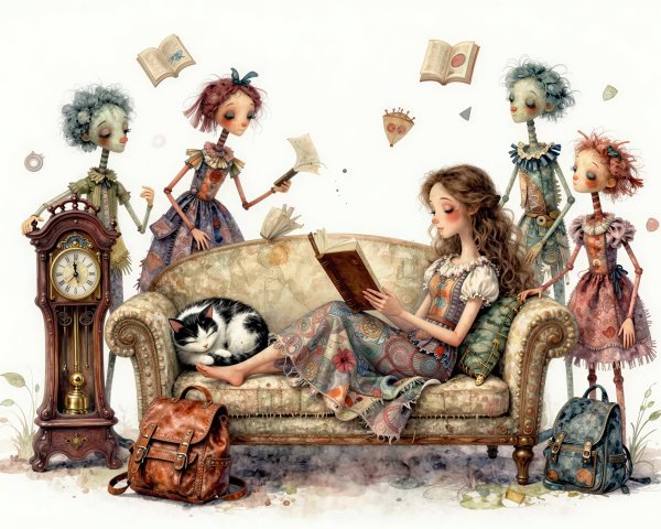 Whimsical Watercolor Illustration of a Girl Reading