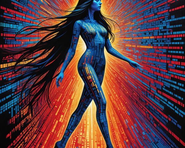 Futuristic figure in vibrant blue and red backdrop