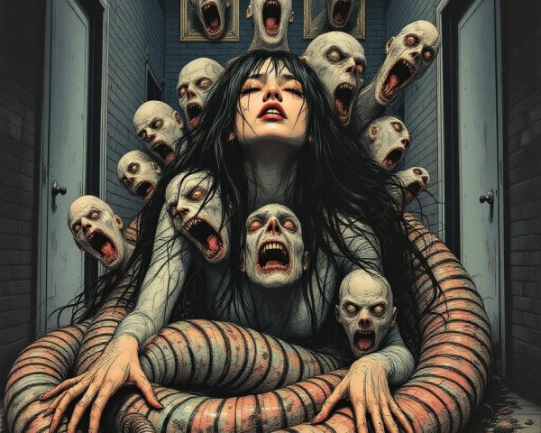 Woman in anguish surrounded by disembodied heads