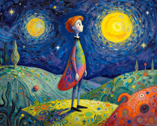Whimsical Colorful Painting with Vibrant Night Sky