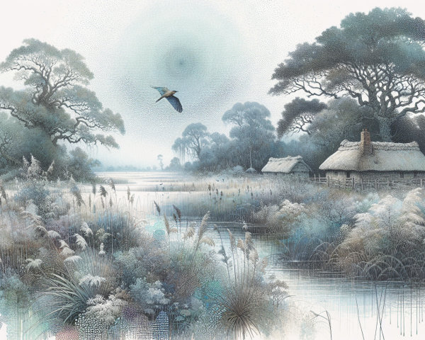 Tranquil Waterway Landscape with Cottages and Mist