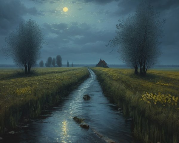 Serene Dusk Landscape with Stream and Cottage