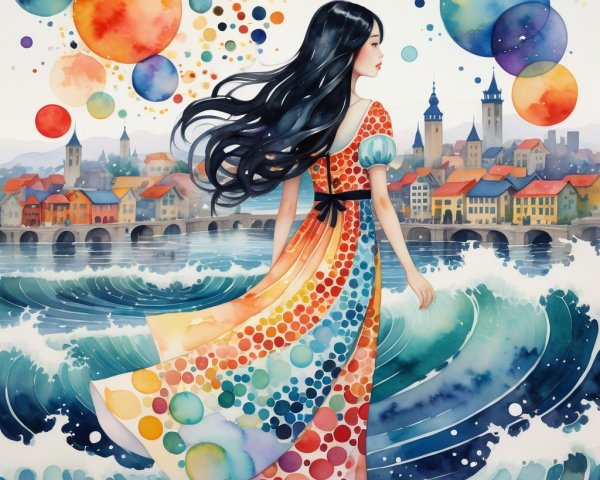 Woman in Colorful Dress by Ocean with Bubbles