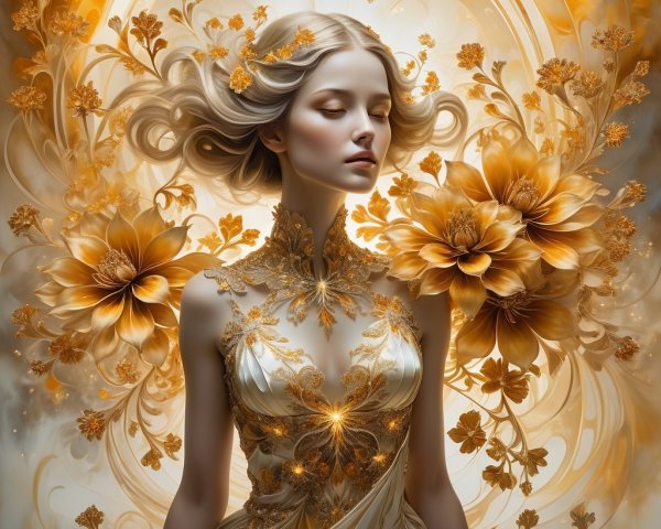 Elegant figure in luxurious gown with golden flowers