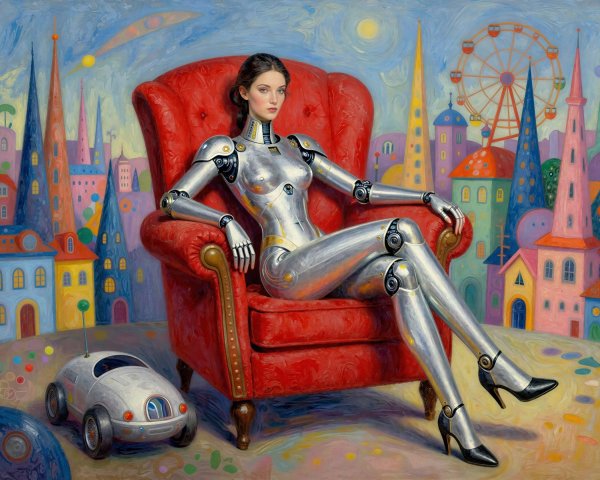 Surreal Painting of a Robot Woman in Cartoon City