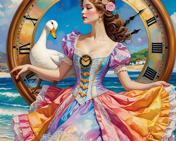 Young Woman in Colorful Gown by Shore with Swan