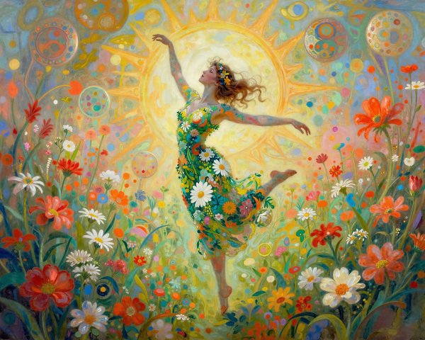 Colorful Painting of a Woman Dancing in a Flower Field