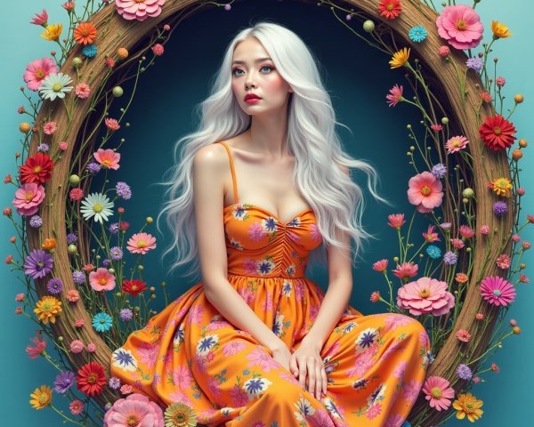 Elegant Woman in Floral Dress Surrounded by Flowers