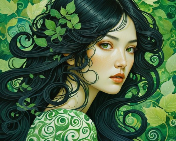 Ethereal Woman with Black Hair and Green Eyes in Nature