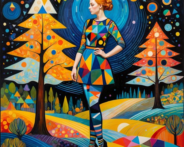 Vibrant Artwork of Woman in Geometric Dress and Trees