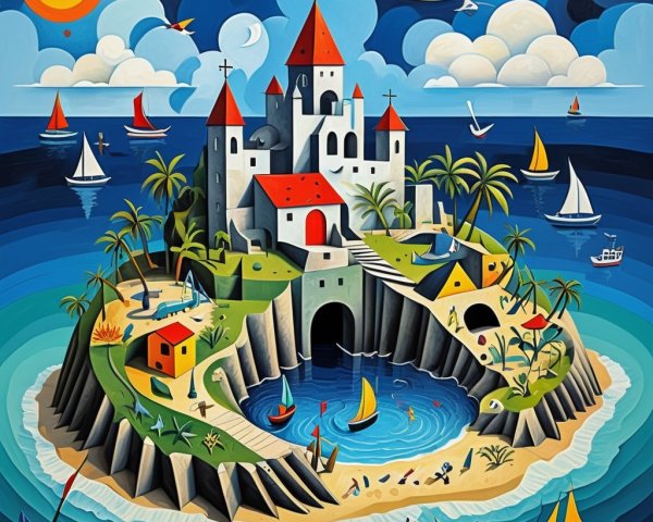 Whimsical Castle Illustration on a Lush Island