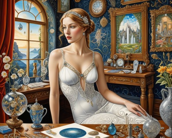 Serene Woman at Elegant Desk with Vintage Decor