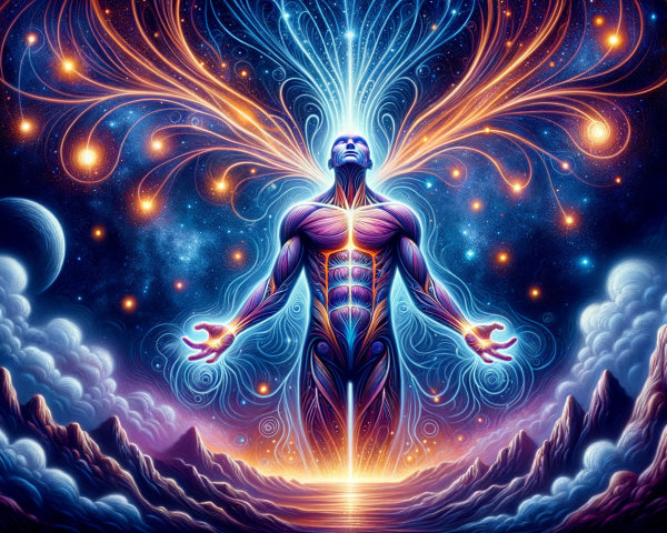 Cosmic Scene with Ethereal Figure and Vibrant Landscape