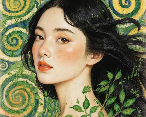 Detailed Painting of Young Woman with Floral Elements
