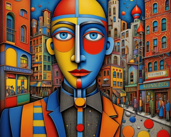 Colorful Abstract Portrait with Whimsical Cityscape