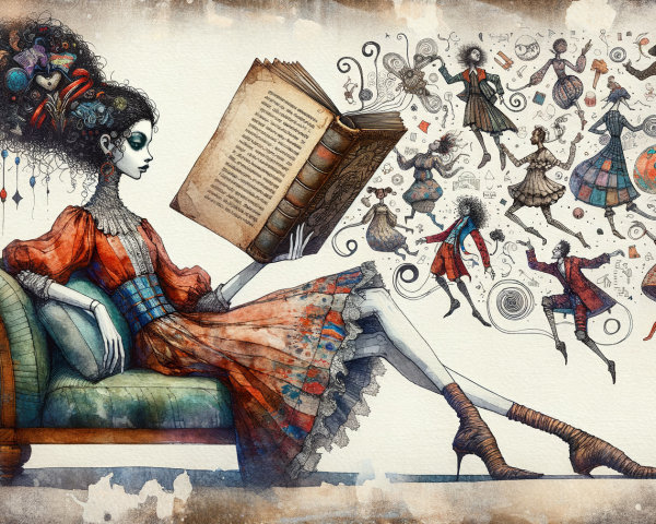 Whimsical Scene of a Woman Reading on a Couch