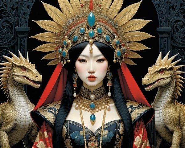 Regal figure in patterned attire with golden dragons