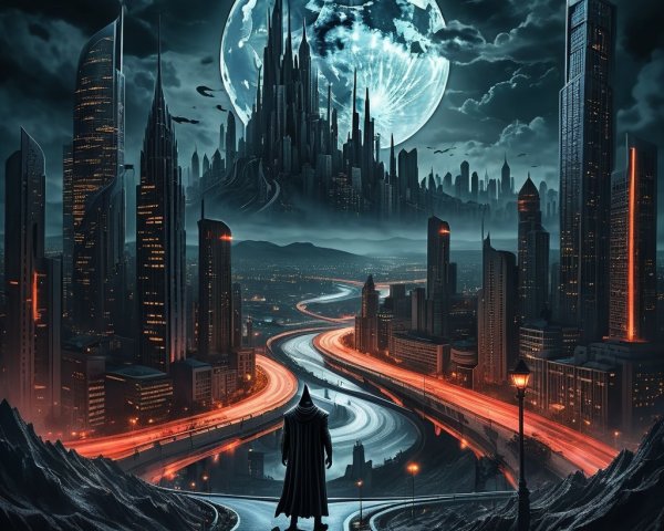 Cloaked Figure Overlooking Futuristic City at Night
