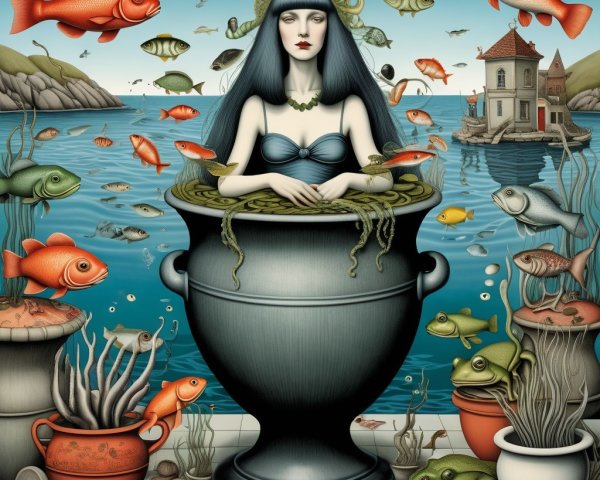 Whimsical Scene of Woman, Fish, and Seaside Cottage