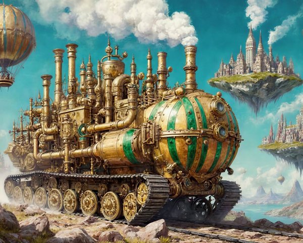 Steampunk Vehicle on Tracks in Rocky Terrain Scene