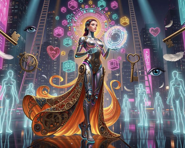 Detailed Digital Illustration of a Female Cyborg in City