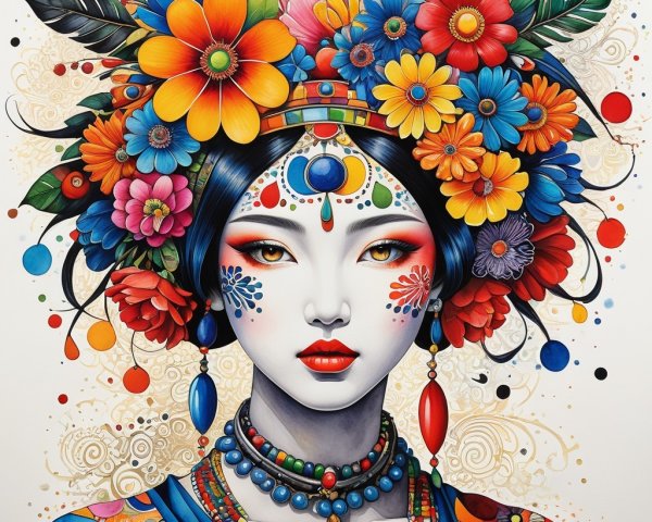 Woman with Colorful Floral Headdress and Bold Makeup