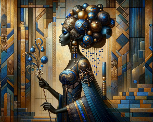 Stylized female figure in blue and gold attire