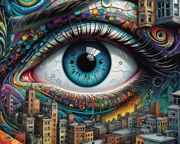 Surreal Eye with Colorful Patterns and Cityscape