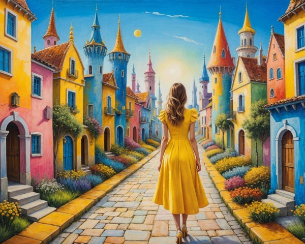 Whimsical Street Scene with Colorful Houses and Two Suns
