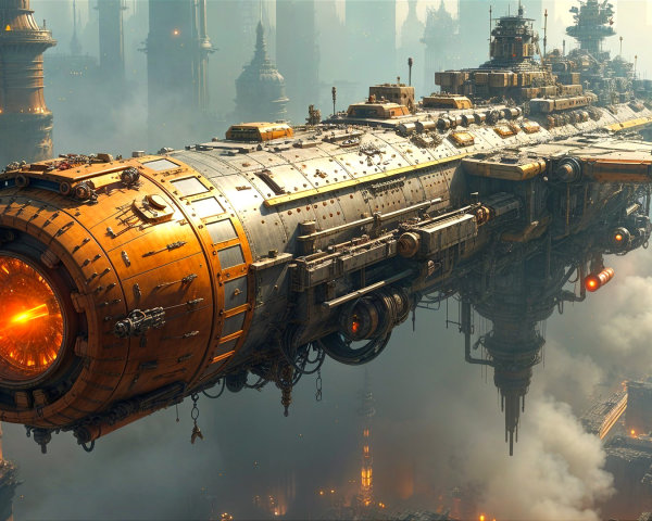 Intricately Designed Spaceship Over Futuristic City