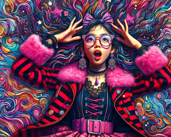 Vibrant Illustration of Girl with Colorful Hair and Patterns
