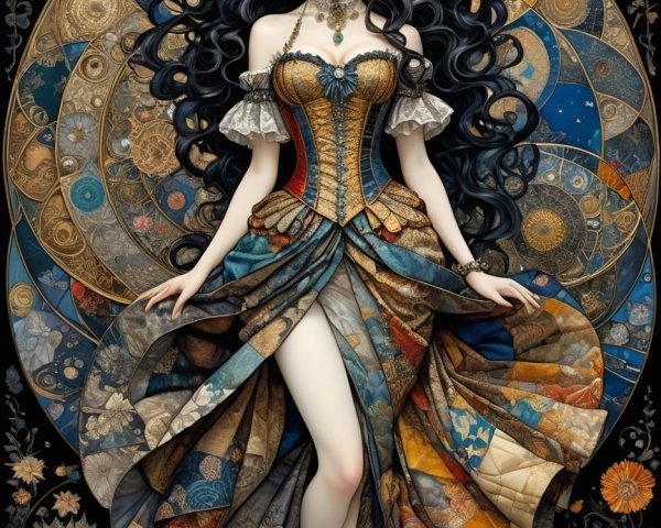 Young Woman in Intricate Dress with Floral Background