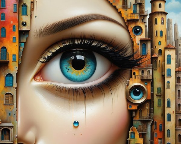 Surreal Cityscape with Eye and Colorful Architecture