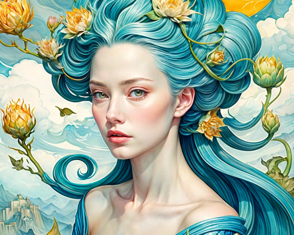 Portrait of a Woman with Blue Hair and Lotus Flowers